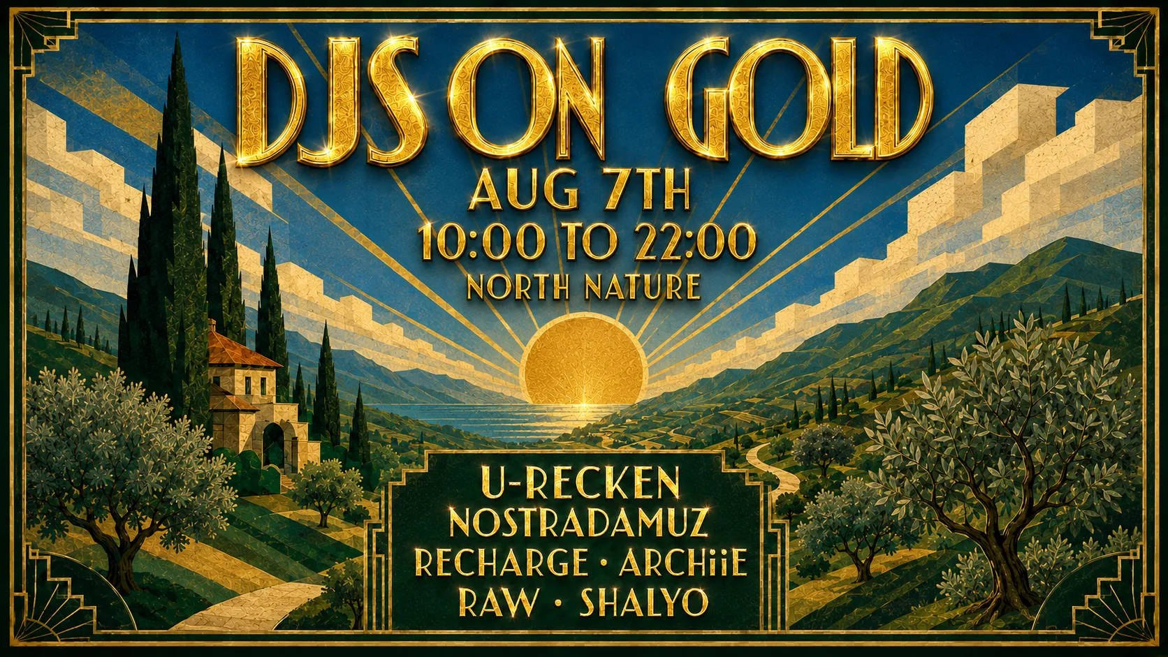 DJs ON GOLD — הפוסטר הרשמי: SUMMER TIME, שישי 7.8, עשר בבוקר עד עשר בערב, בצפון. הליינאפ: U-RECKEN, NOSTRADAMUZ, RECHARGE, ARCHiiE, RAW, SHALYO